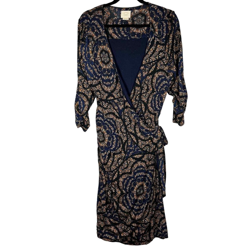 Vanessa Virginia Large Wrap Dress Navy Blue 3/4 Sleeve Paisley Floral Medallion
